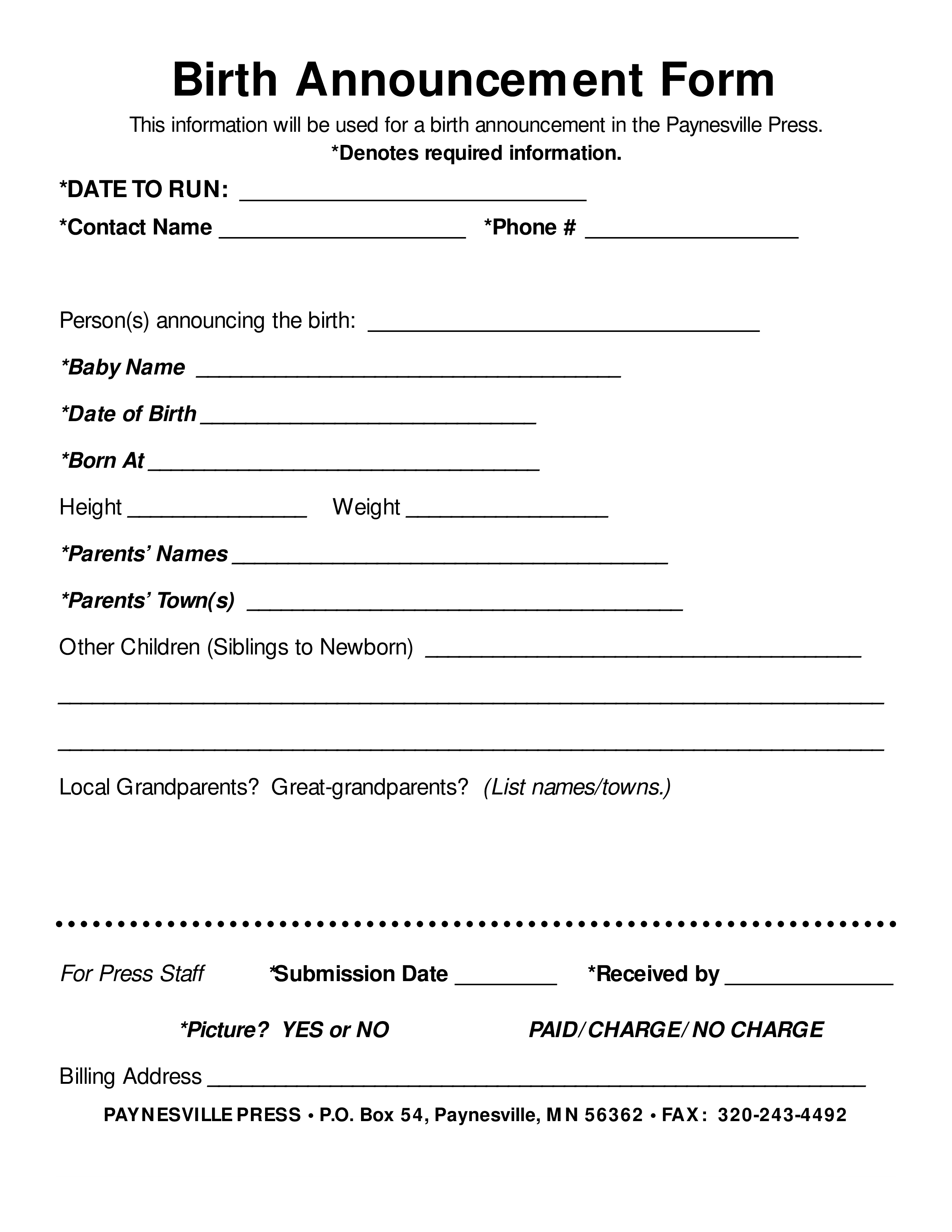 birth announcement form modèles