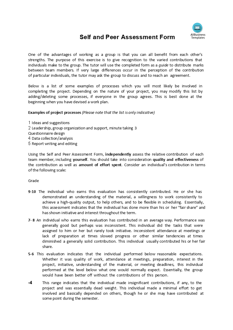 Kostenloses Peer And Self Assessment Form