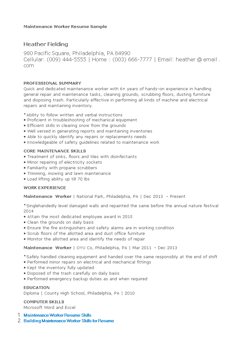 maintenance worker resume modèles