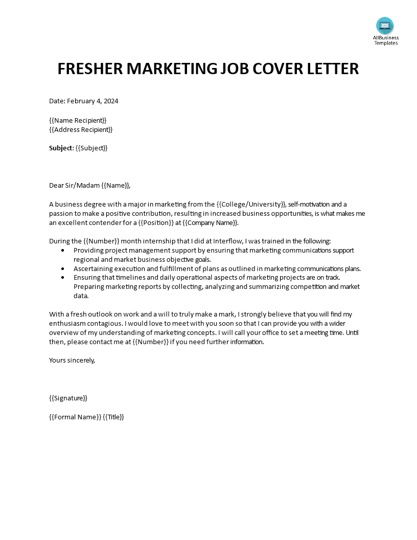 fresher marketing job cover letter template