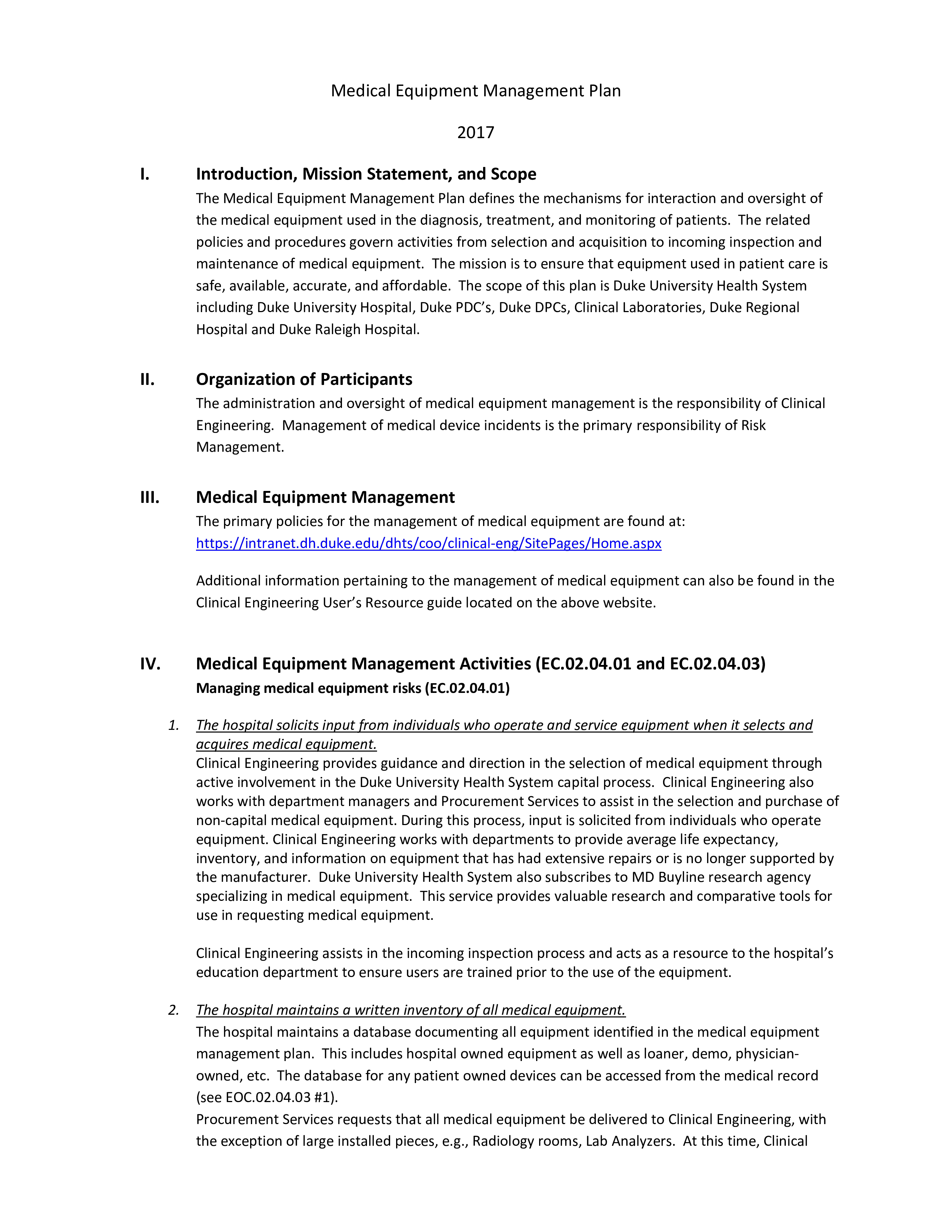 medical equipment management plan modèles