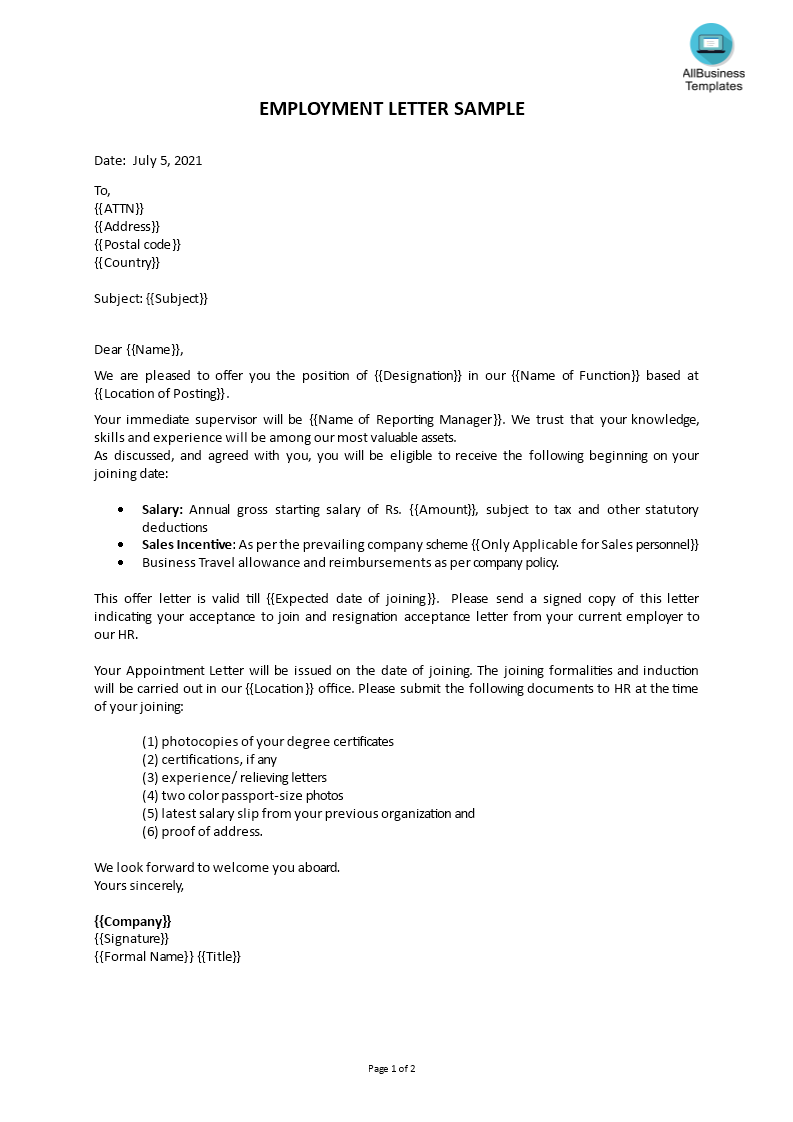 employment letter sample voorbeeld afbeelding 