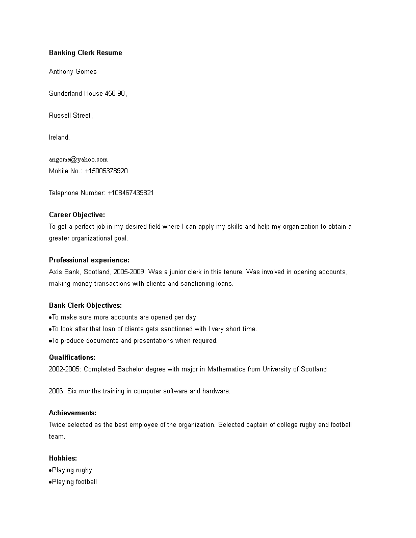 banking clerk resume modèles