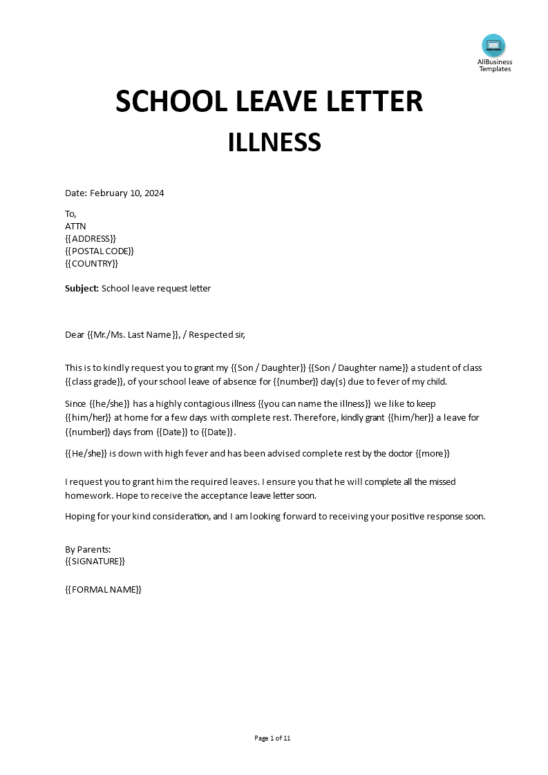school leave letter due to fever template
