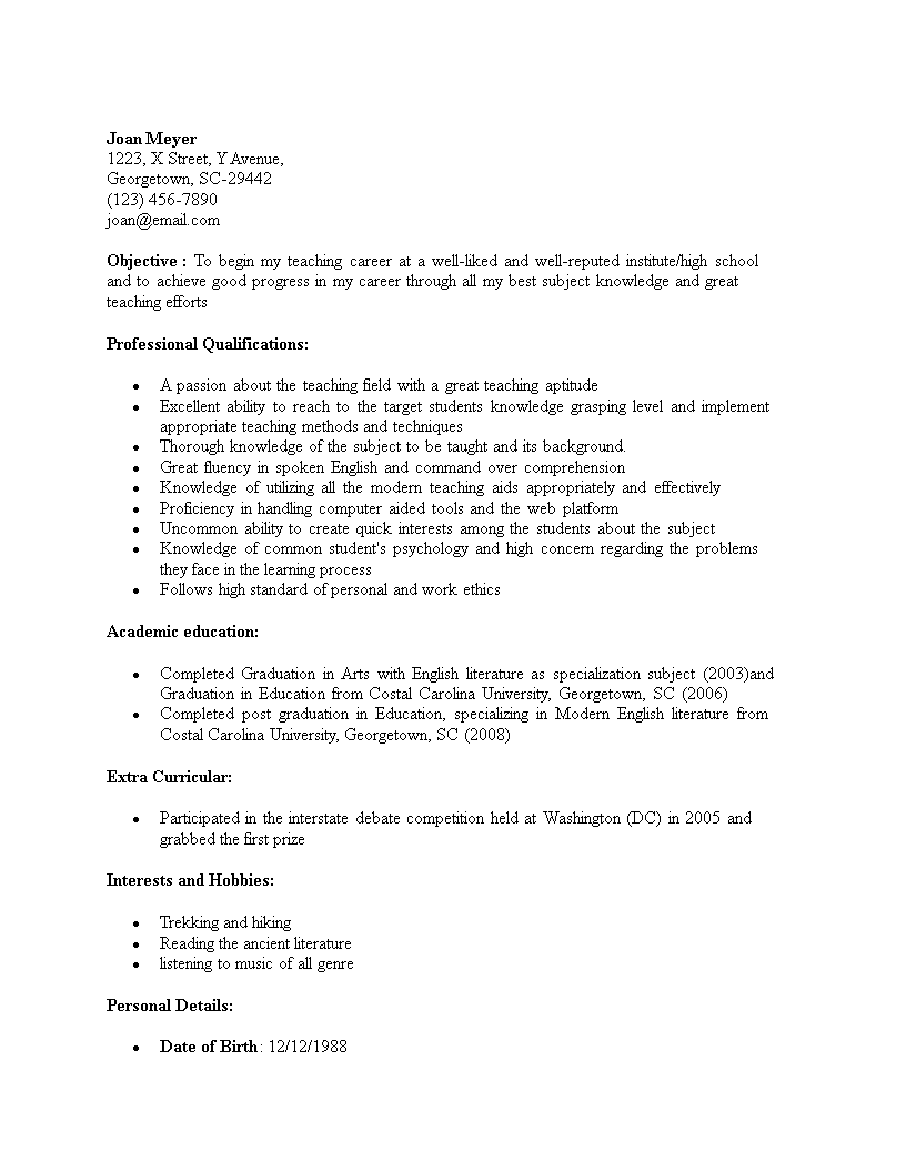 Fresher Teacher Resume Sample main image