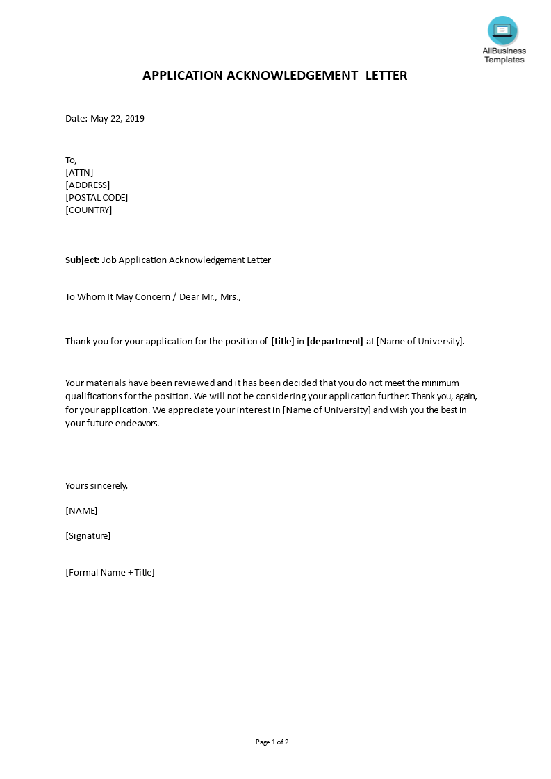 acknowledgement of job application letter template