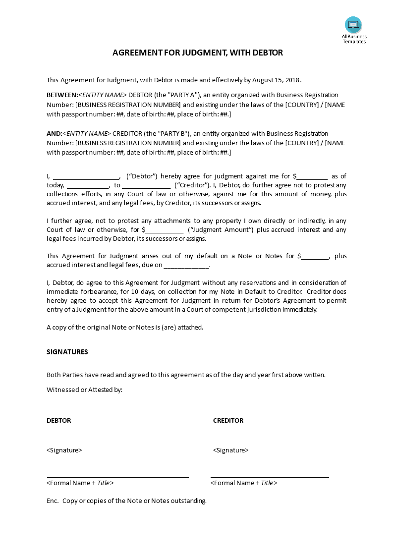 Agreement for Judgement, by Debtor main image