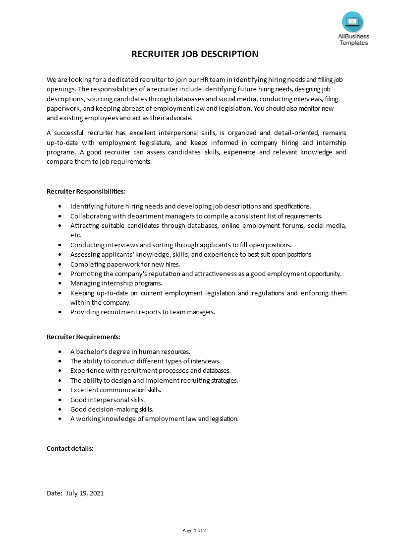 recruiter job description template