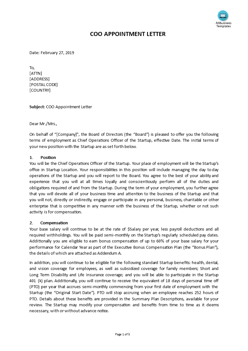 coo appointment letter template