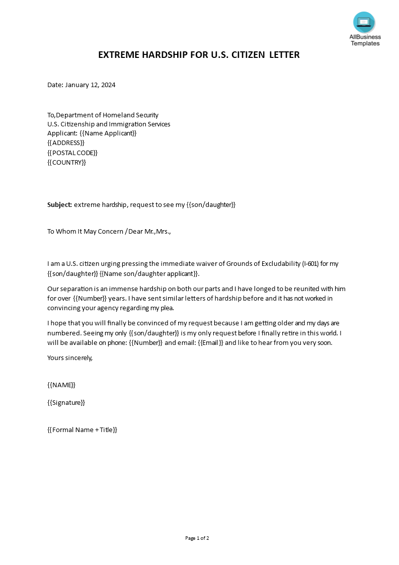 601 extreme hardship letter template