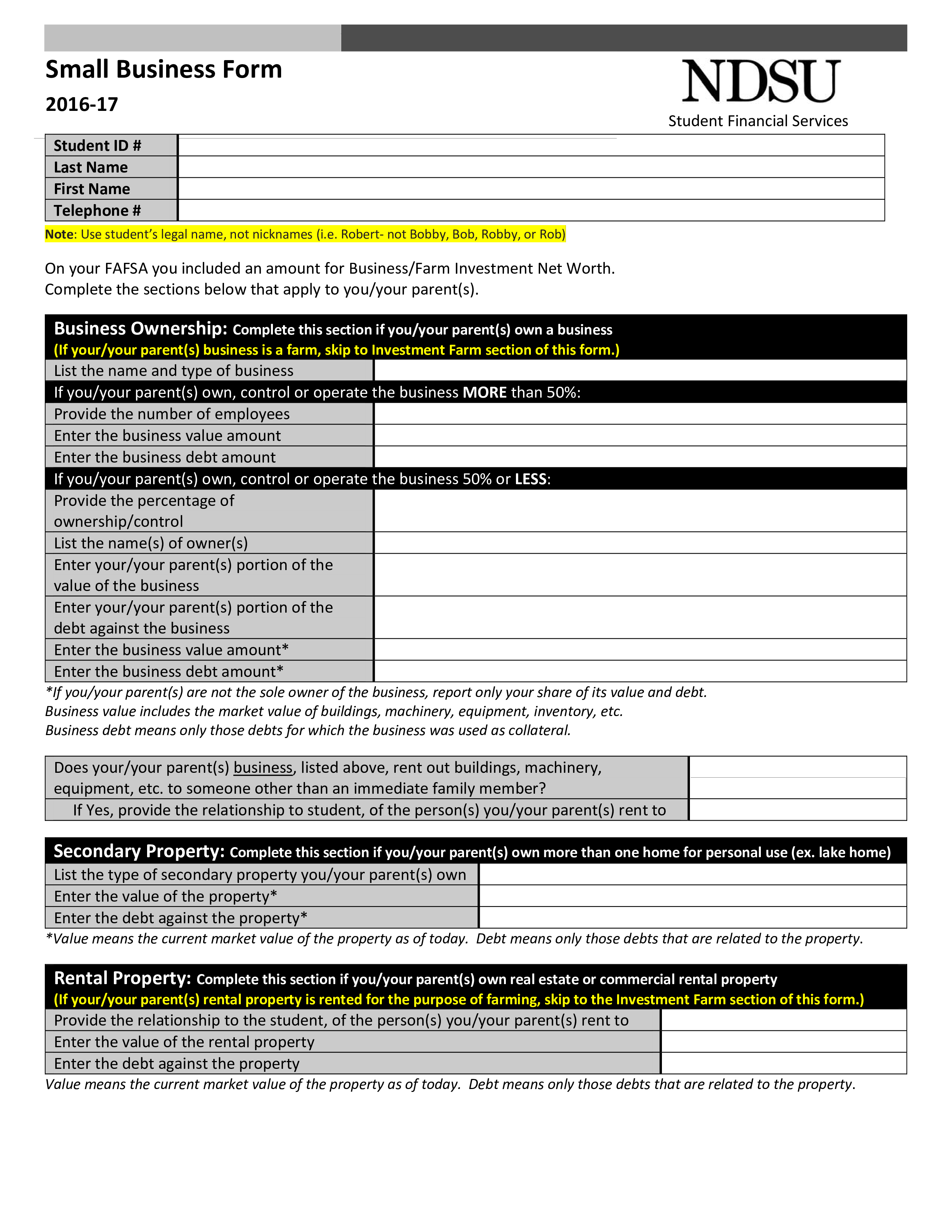 Small Business Investment Ownership Form main image