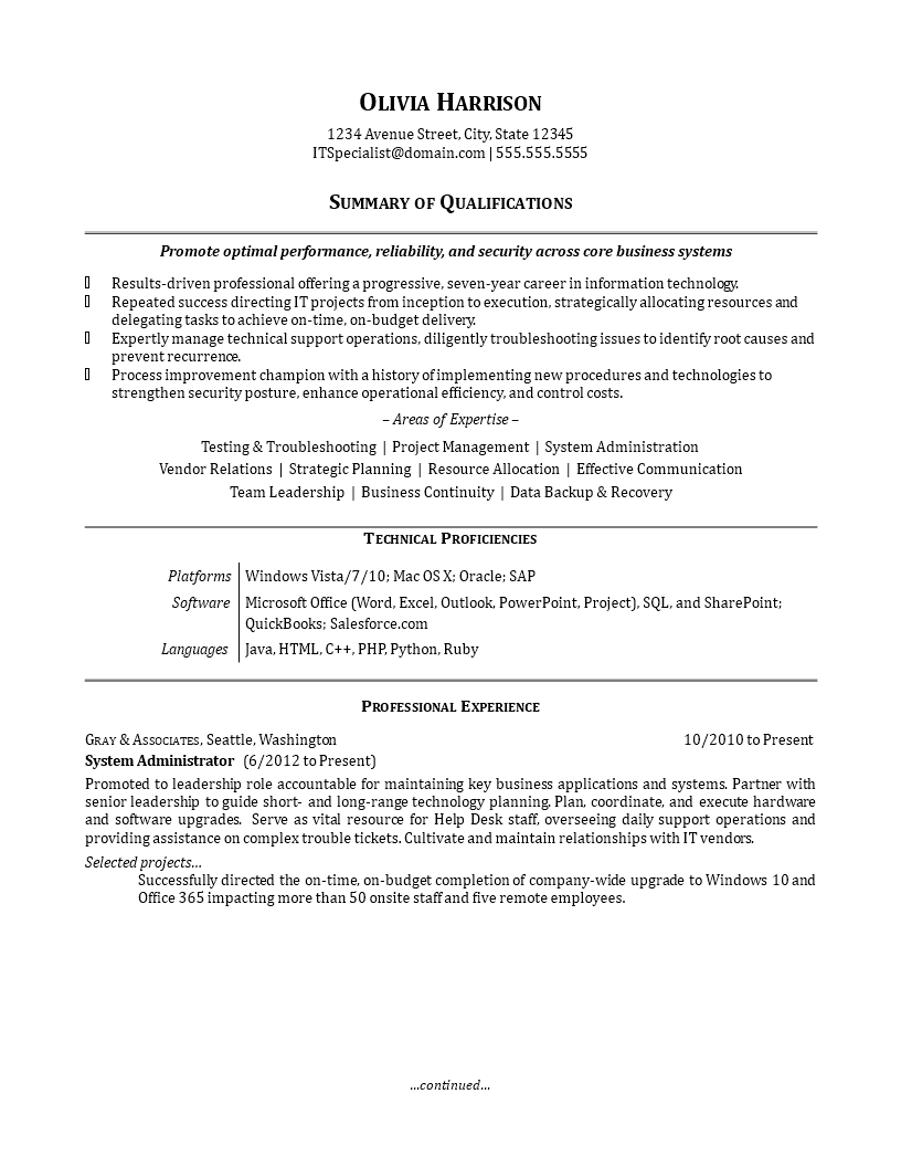 IT Work Experience Resume Sample main image