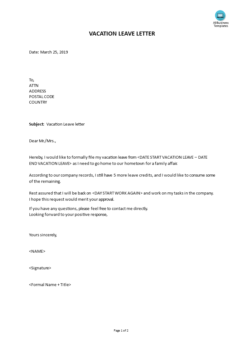 vacation leave letter template