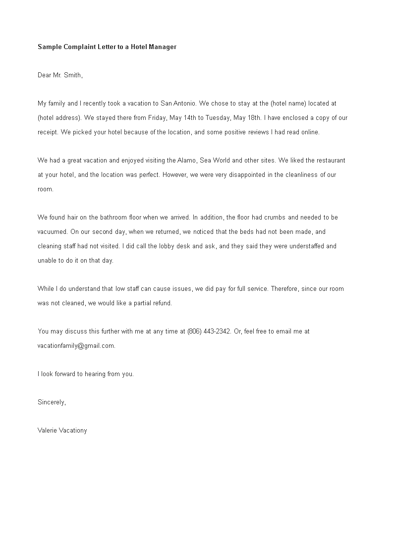 sample complaint letter to hotel manager modèles