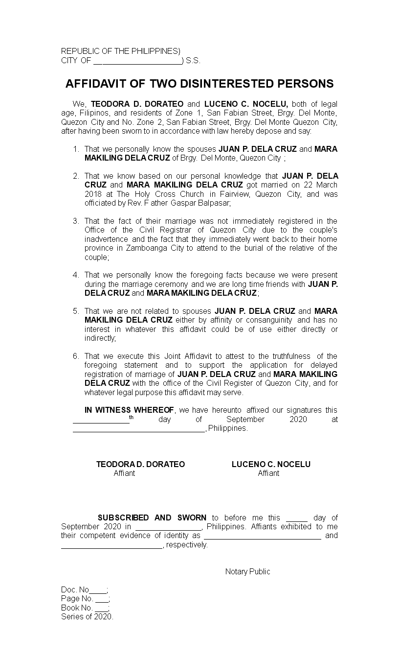 affidavit for late registration of marriage modèles