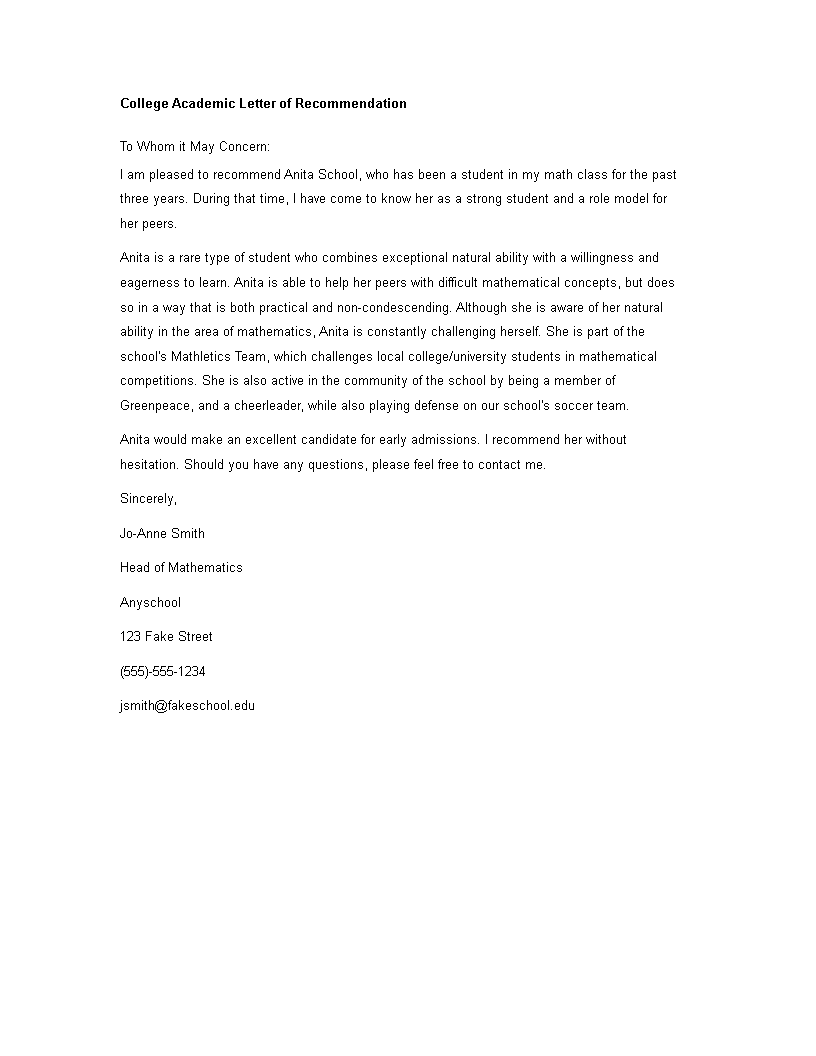 college academic letter of recommendation template