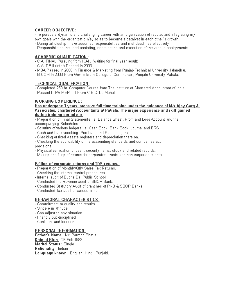 chartered accountant resume objective template