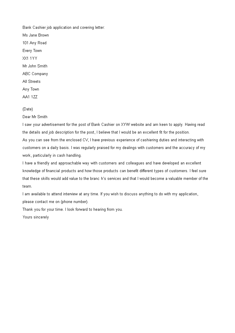 bank work application letter template