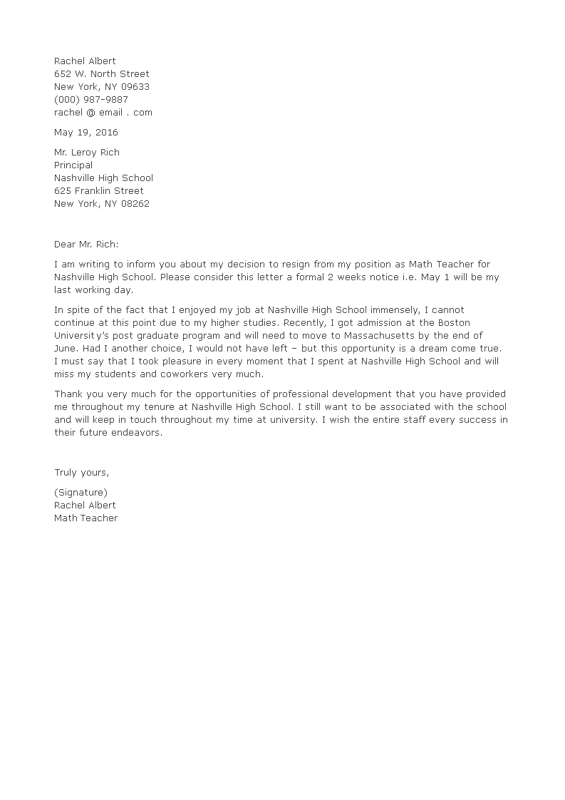 Resignation Letter Format for School Teacher 模板