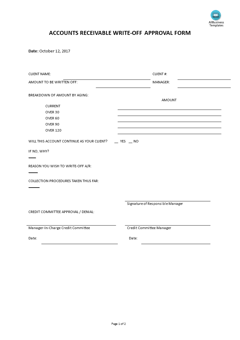 accounts receivable write-off approval form template