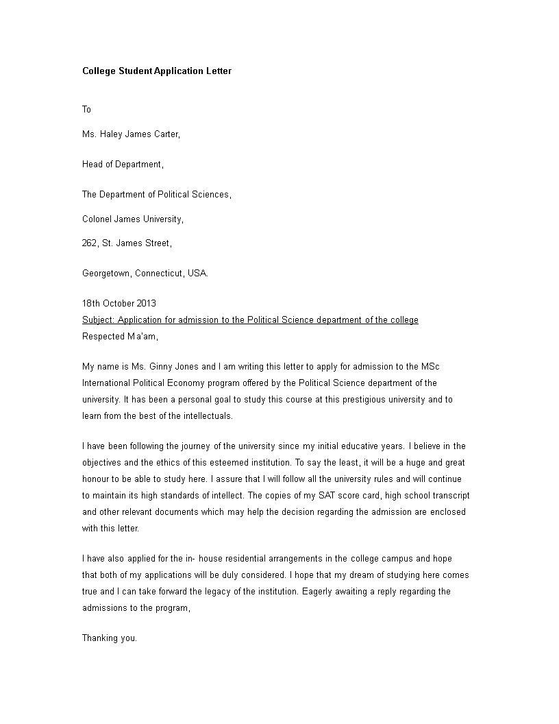 college student application letter template