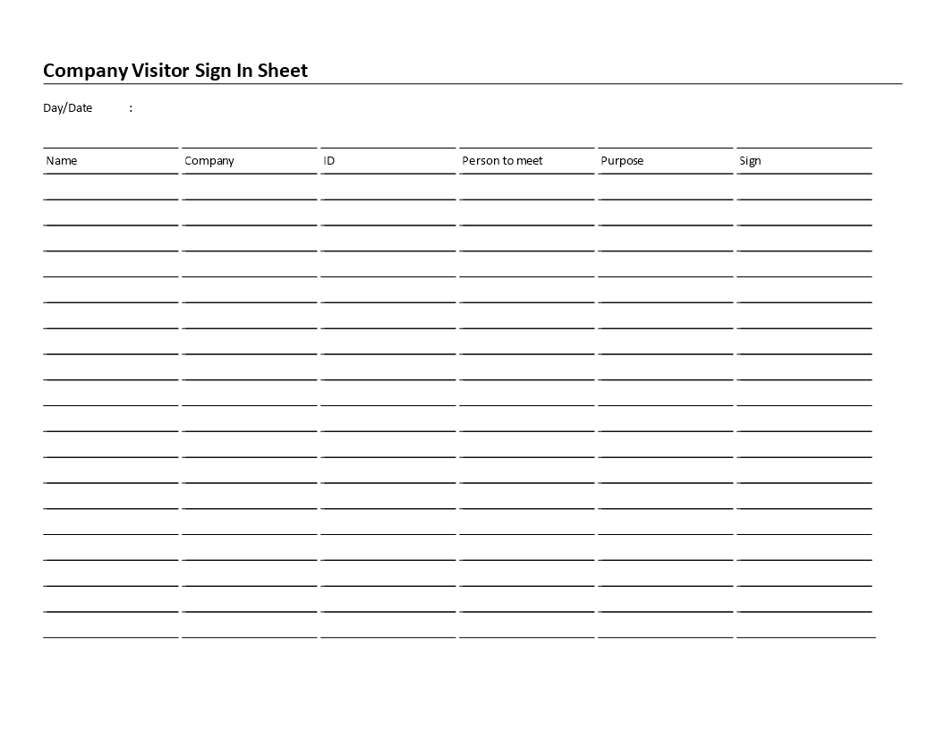 Business Visitor Sign In Sheet (Word Landscape Format) 模板