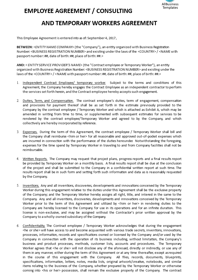 employee agreement template template