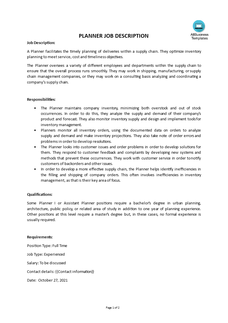 planner job description template