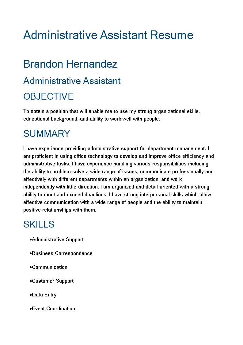 administrative assistant resume sample voorbeeld afbeelding 
