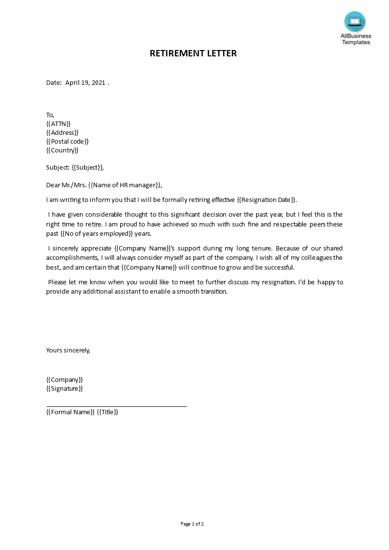 retirement letter for template