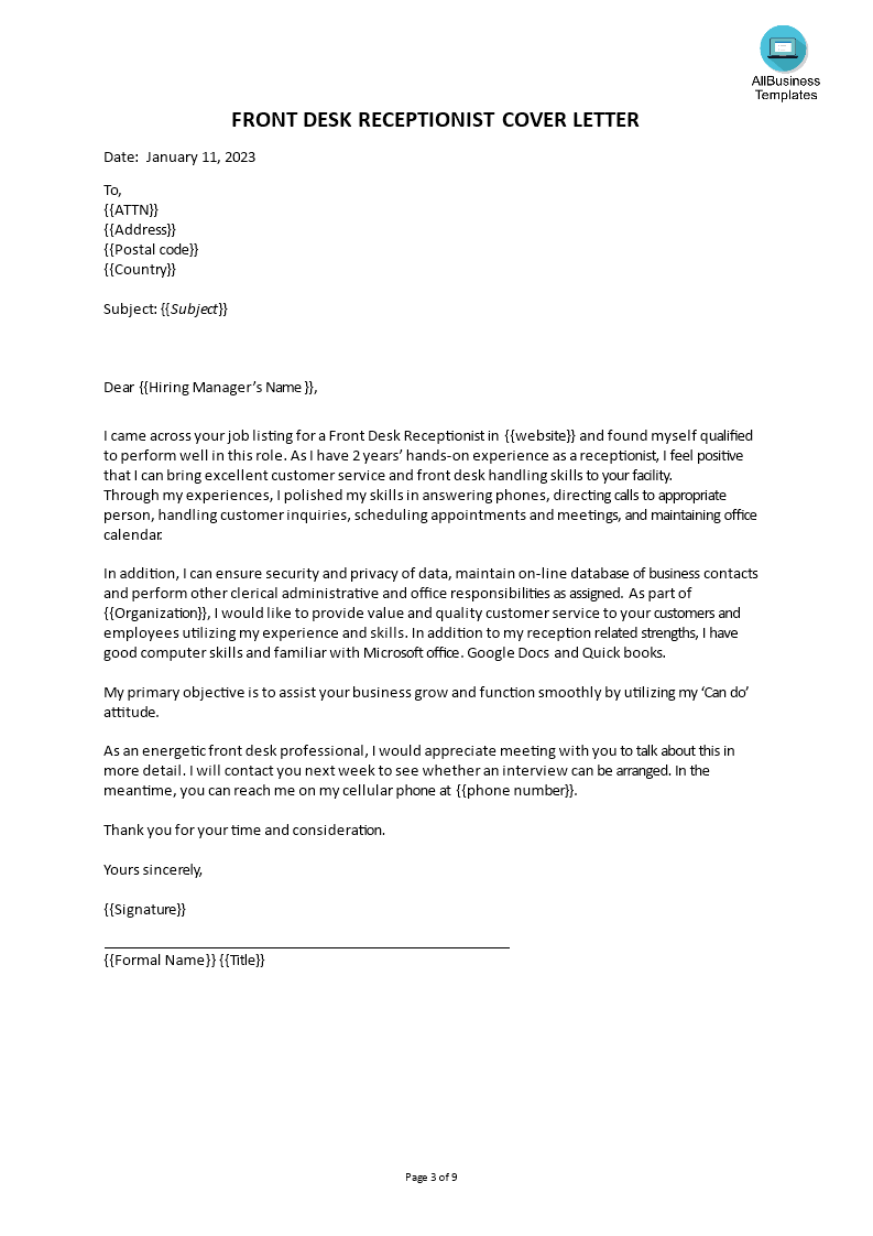 receptionist application letter pdf