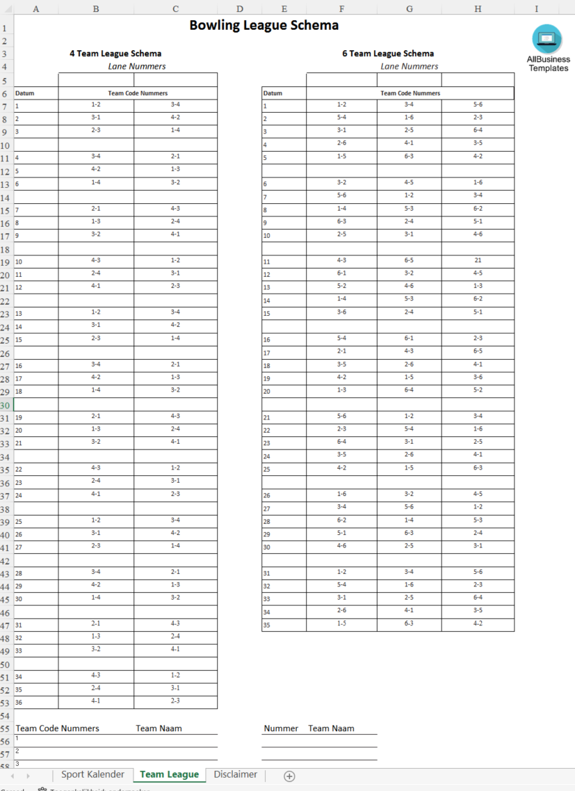 bowling league schema modèles