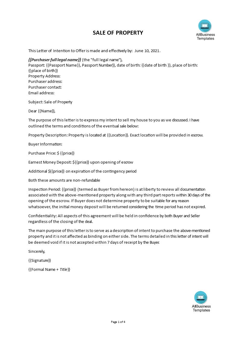 sale of property offer letter template