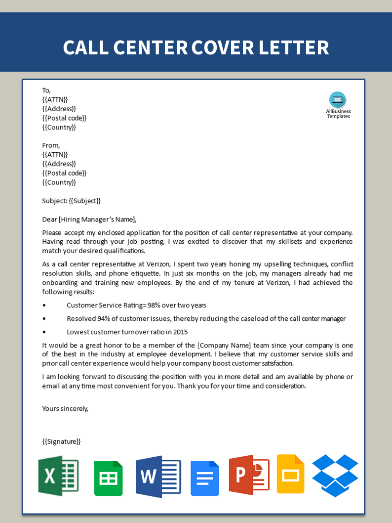 sample cover letter for call centre job application