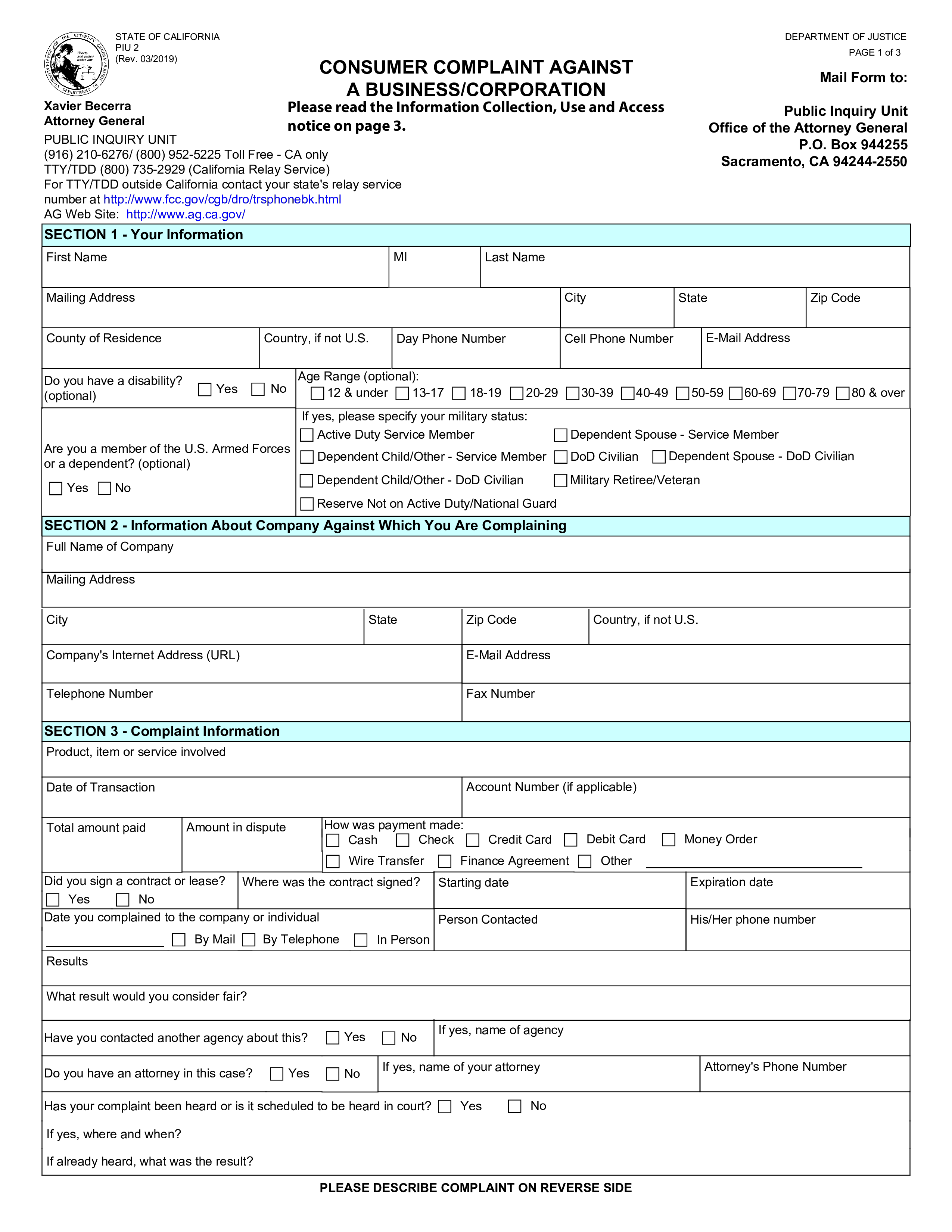 ccpa complaint form against business template