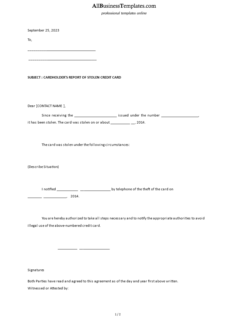 card holder's stolen credit card report template