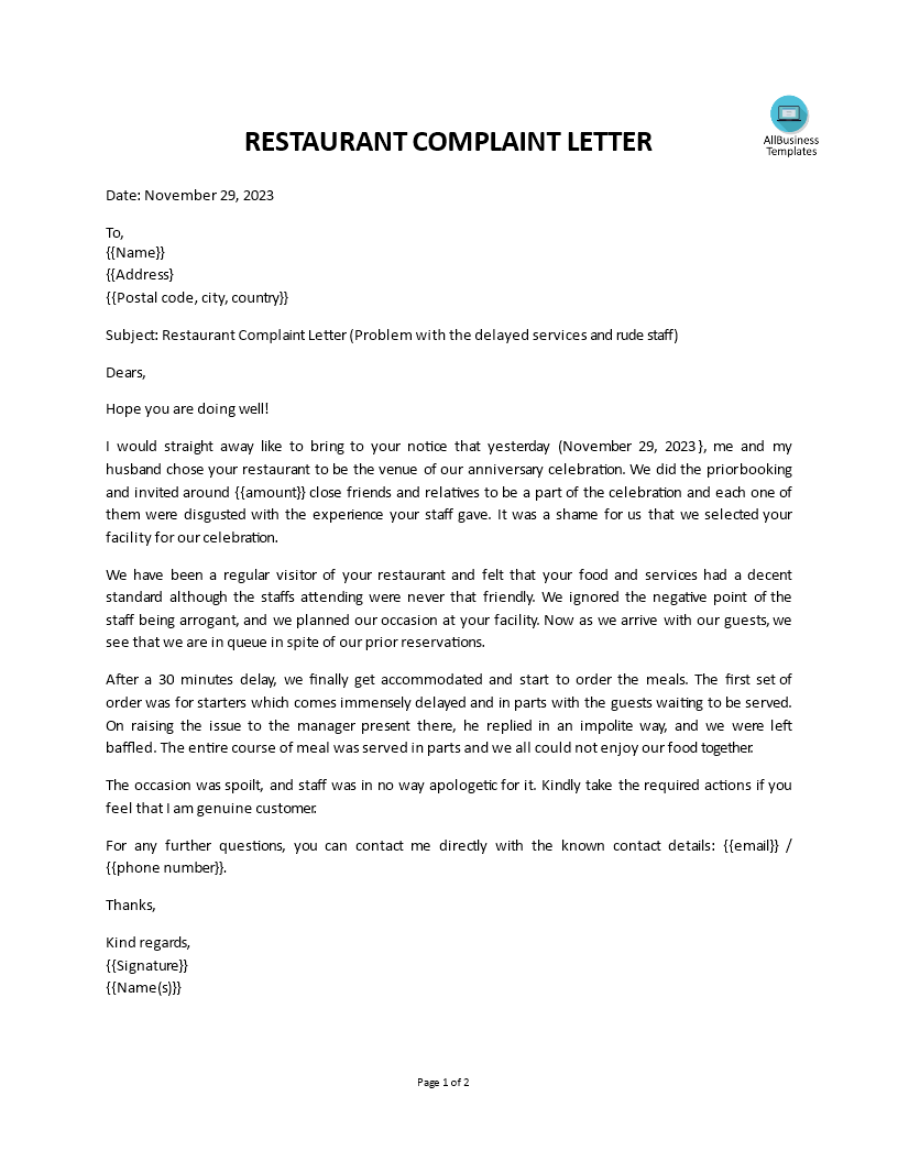 restaurant complaint letter template template