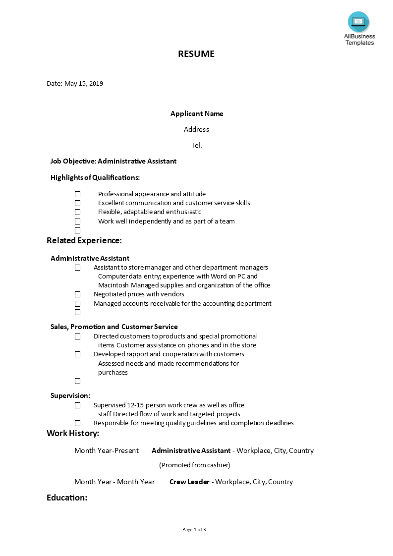 Administrative Assistant Functional Resume 模板