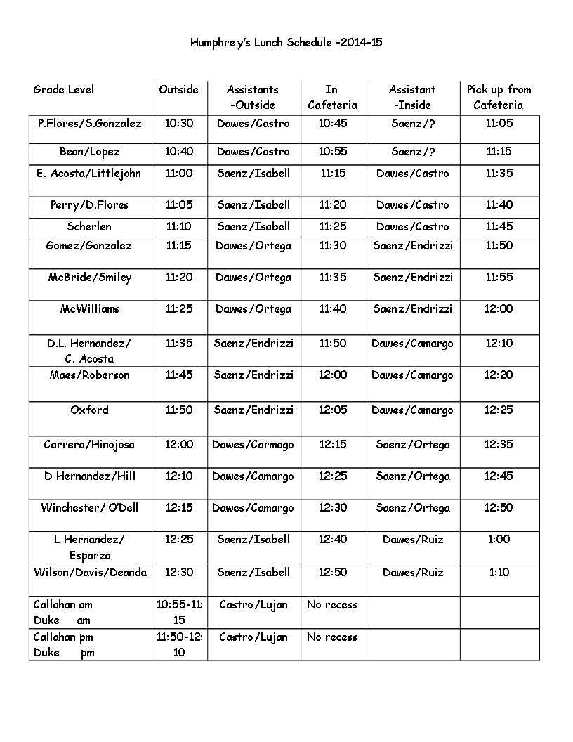 lunch schedule template modèles