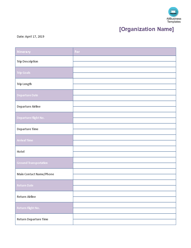 Business Trip Itinerary Template in Word main image