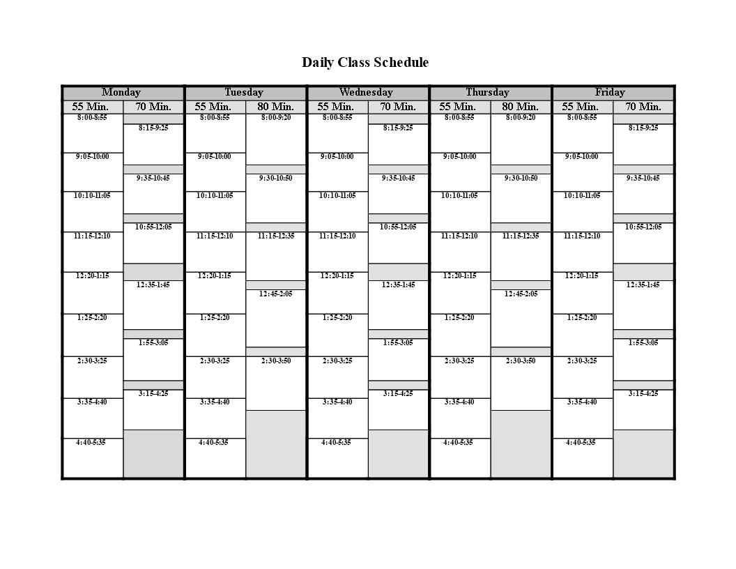 daily class schedule word voorbeeld afbeelding 