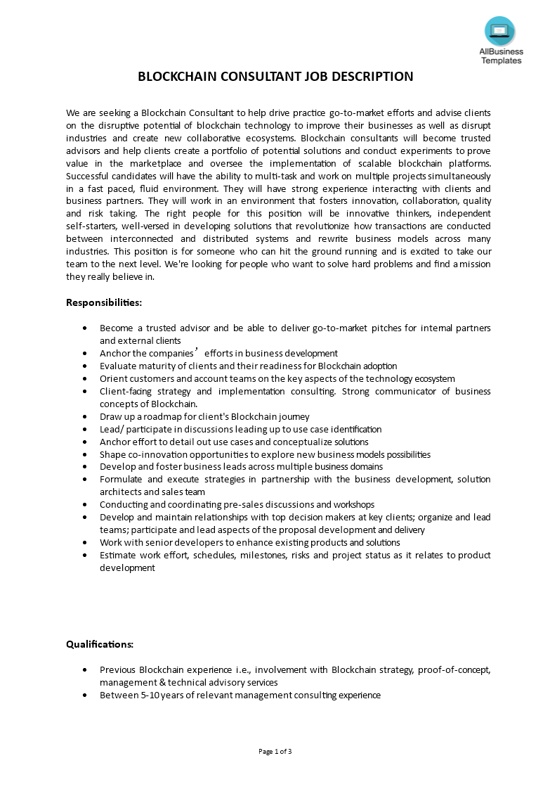 block chain consultant job description template