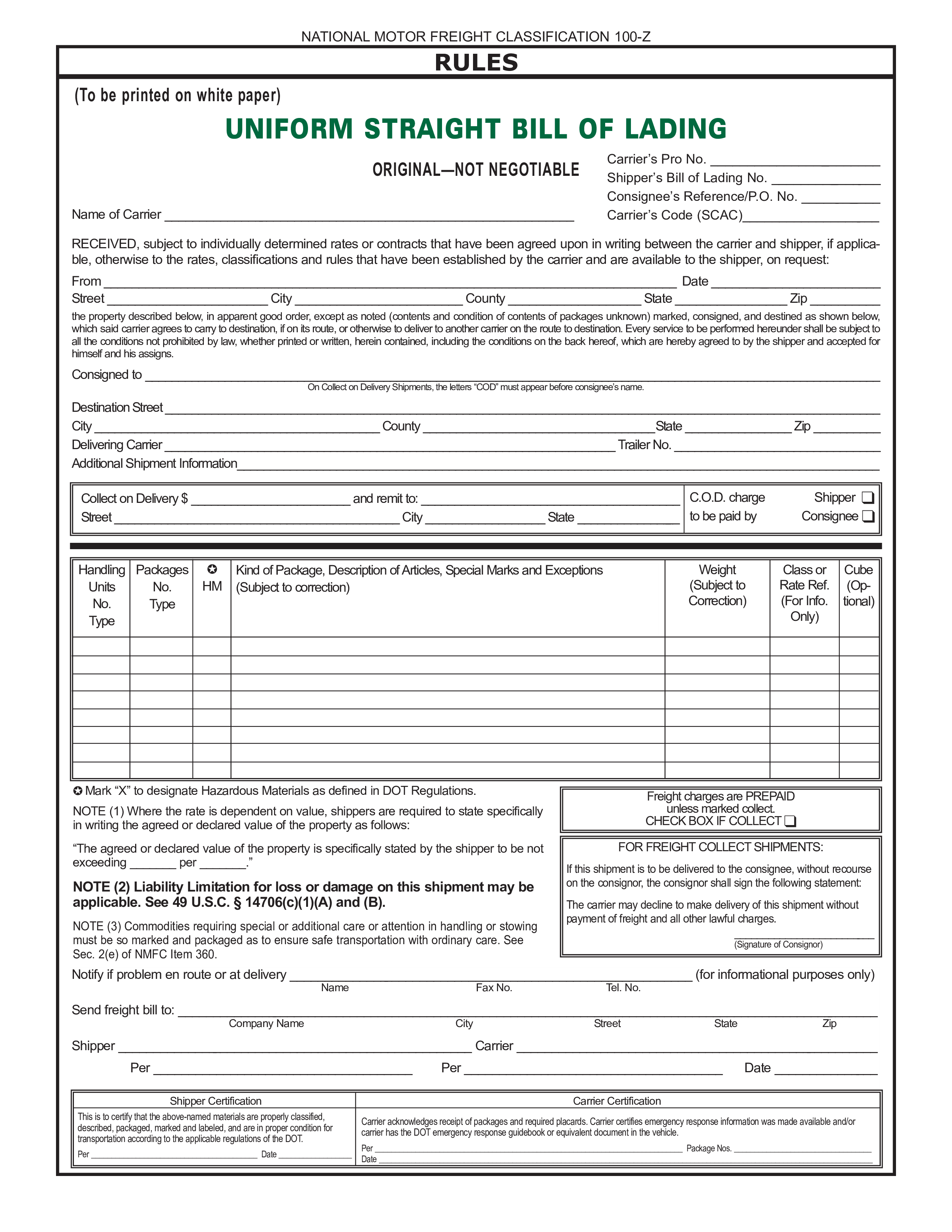 Uniform Straight Bill Of Lading Document Templates at