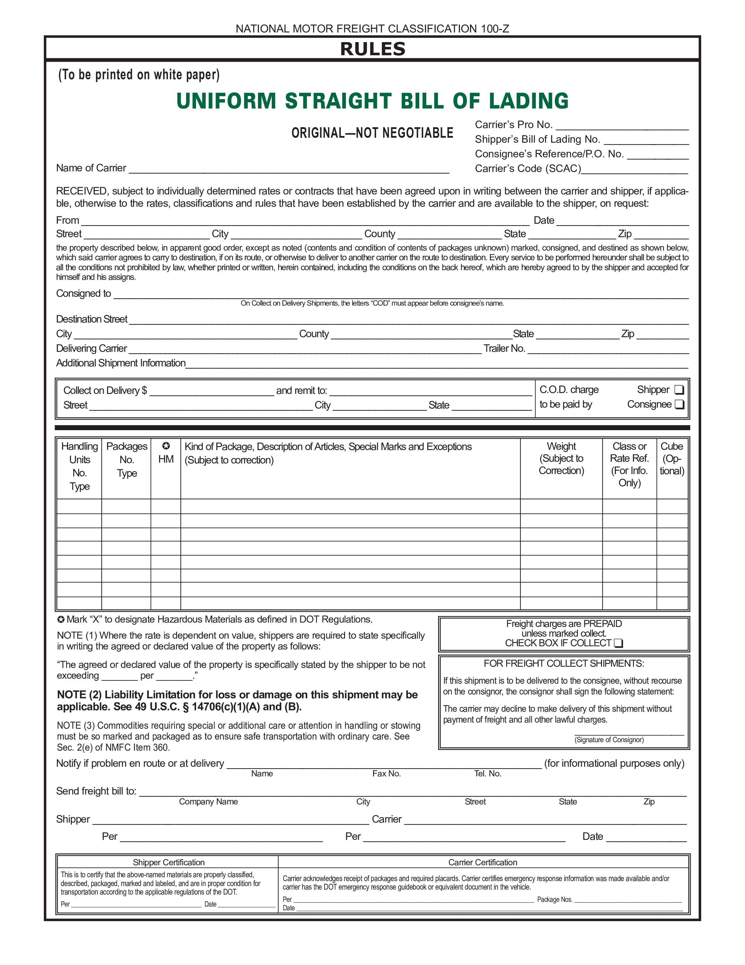 uniform straight bill of lading document modèles