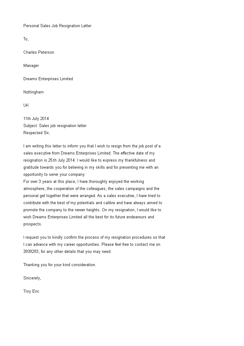 Personal Sales Job Resignation Letter main image