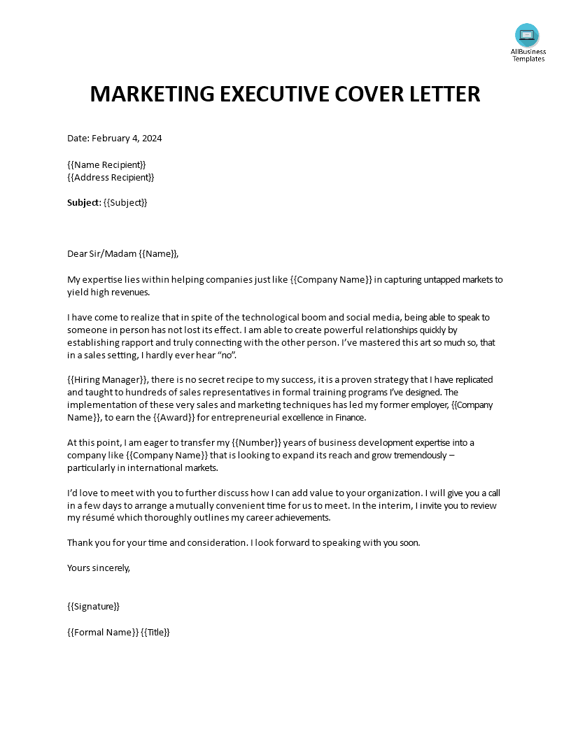 Marketing Executive Cover Letter 模板