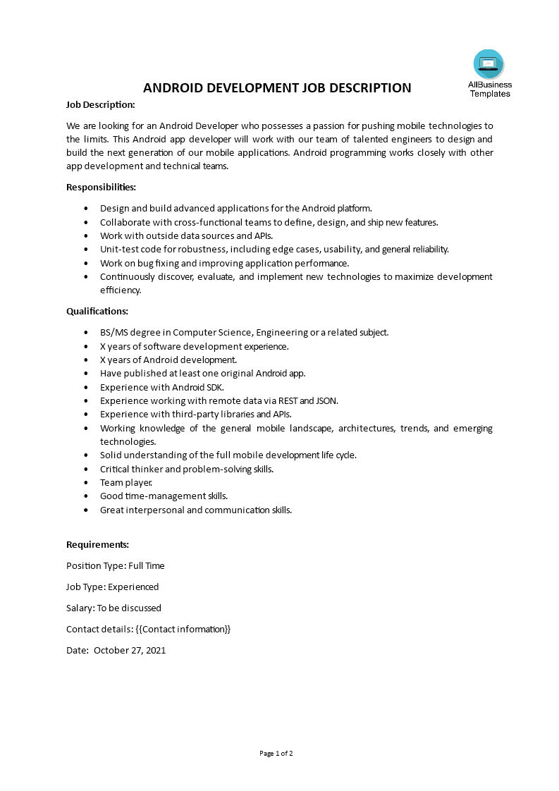 android development job description template