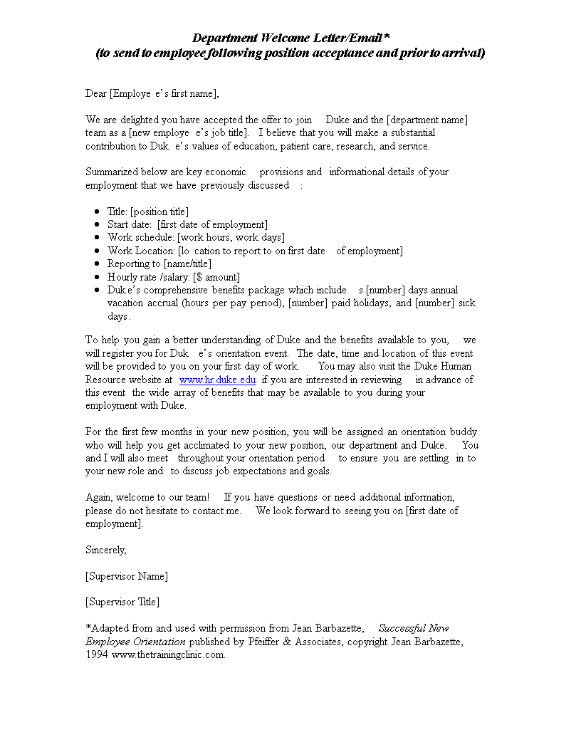 department welcome letter send to employee after position acceptance template