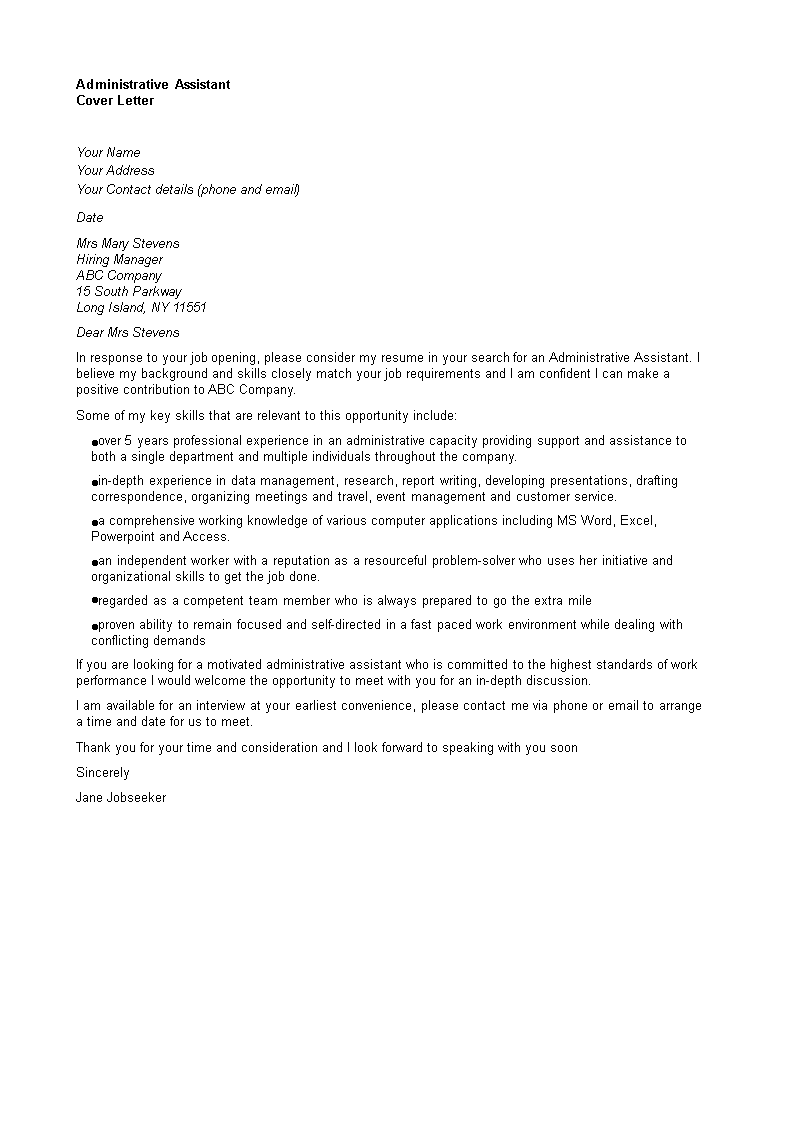 formal job application letter for administrative assistant Hauptschablonenbild