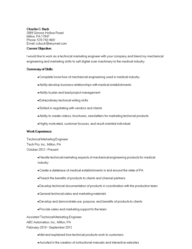 technical marketing engineer resume modèles